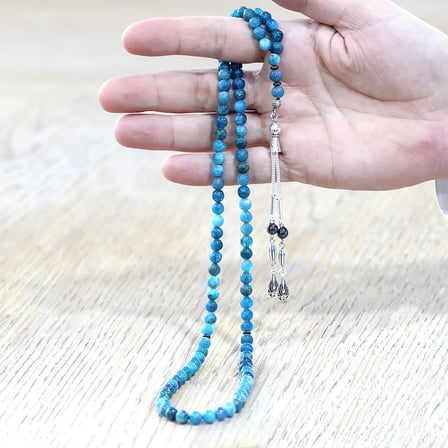 Apatit Doğaltaş Namaz Tesbihi - Kararmaz Metal Damla Püsküllü - Pastel Renk - Küre Kesim