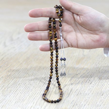 Kaplan Gözü Doğaltaş Namaz Tesbihi - Kararmaz Metal Damla Püsküllü - Kahverengi - Küre Kesim