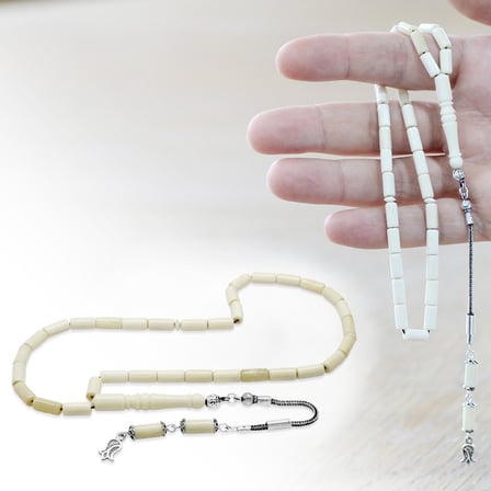 Deve Kemiği Tesbih - 925 Ayar Gümüş Püsküllü - Kesme Kesim - Natural Renk