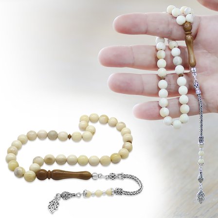 Deve Kemiği Tesbih - 925 Ayar Gümüş Püsküllü - Kuka Kombinasyonlu - Küre Kesim - Naturel Renk