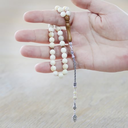 Deve Kemiği Tesbih - 925 Ayar Gümüş Püsküllü - Kuka Kombinasyonlu - Küre Kesim - Naturel Renk