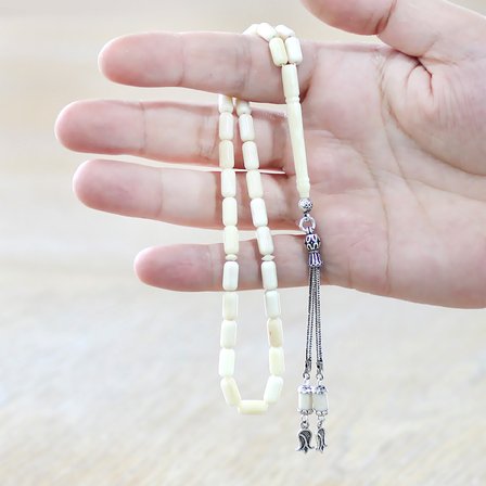 Deve Kemiği Tesbih - 925 Ayar Gümüş Püsküllü - Kapsül Kesim - Naturel Renk