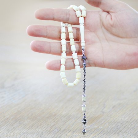 Deve Kemiği Tesbih - 925 Ayar Gümüş Kral Püsküllü - Naturel Renk - Kapsül Kesim