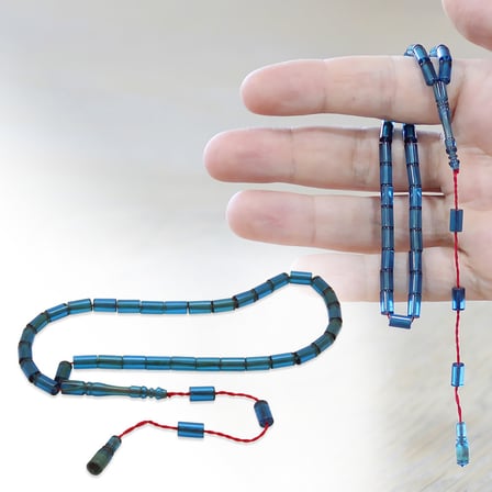 Sıkma Kehribar Tesbih - Sistemli - Mini Boy - Turkuaz Mavisi Renk - Kesme Kesim
