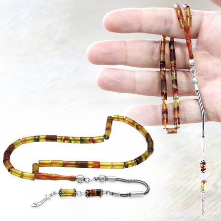 Ateş Kehribar Tesbih -  925 Ayar Gümüş Püsküllü - Mini Boy - Sarı Kırmızı Renk - Kesme Kesim