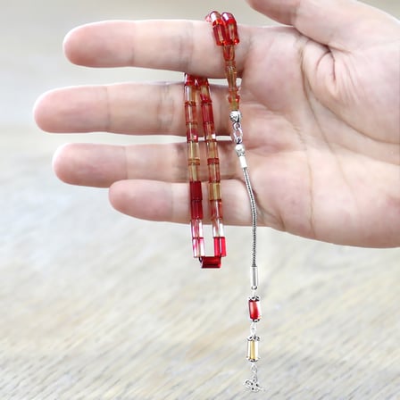 Ateş Kehribar Tesbih - 925 Ayar Gümüş Püsküllü - Mini Boy - Kırmızı Beyaz Renk - Kesme Kesim