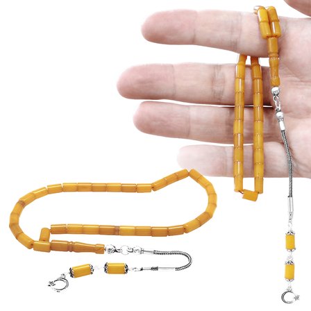 Ateş Kehribar Tesbih - 925 Ayar Gümüş Püsküllü - Mini Boy - Opak Sarı Renk - Kesme Kesim