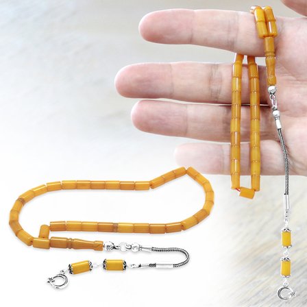 Ateş Kehribar Tesbih - 925 Ayar Gümüş Püsküllü - Mini Boy - Opak Sarı Renk - Kesme Kesim