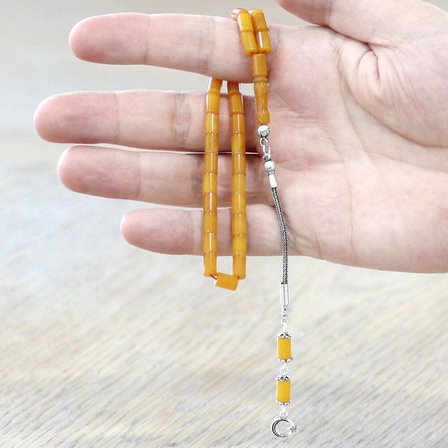 Ateş Kehribar Tesbih - 925 Ayar Gümüş Püsküllü - Mini Boy - Opak Sarı Renk - Kesme Kesim