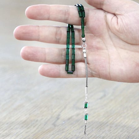 Ateş Kehribar Tesbih - 925 Ayar Gümüş Püsküllü - Mini Boy - Yeşil Renk - Kesme Kesim