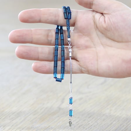 Sıkma Kehribar Tesbih - 925 Ayar Gümüş Püsküllü - Mini Boy - Turkuaz Mavisi Renk - Kesme Kesim