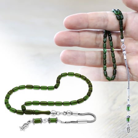 Ateş Kehribar Tesbih -  925 Ayar Gümüş Püsküllü - Mini Boy - Yeşil Renk - Kapsül Kesim