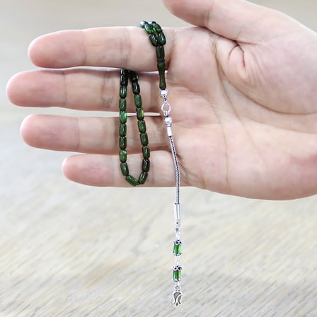 Ateş Kehribar Tesbih -  925 Ayar Gümüş Püsküllü - Mini Boy - Yeşil Renk - Kapsül Kesim