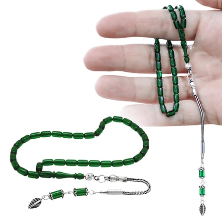 Ateş Kehribar Tesbih -  925 Ayar Gümüş Püsküllü - Mini Boy - Zümrüt Yeşili Renk - Kapsül Kesim