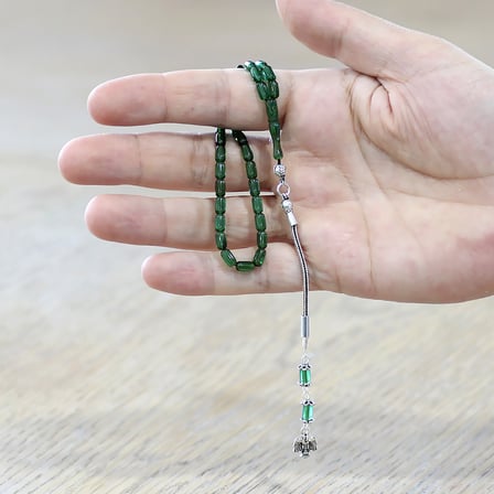 Ateş Kehribar Tesbih -  925 Ayar Gümüş Püsküllü - Mini Boy - Su Yeşili Renk - Kapsül Kesim