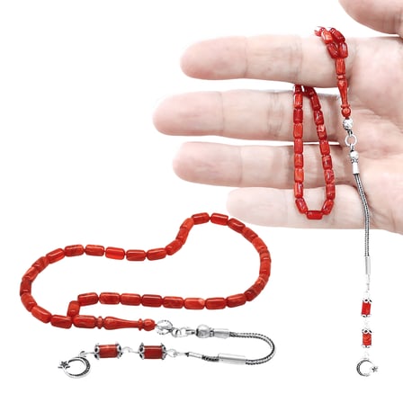 Ateş Kehribar Tesbih -  925 Ayar Gümüş Püsküllü - Mini Boy - Turuncu Kırmızı Renk - Kapsül Kesim