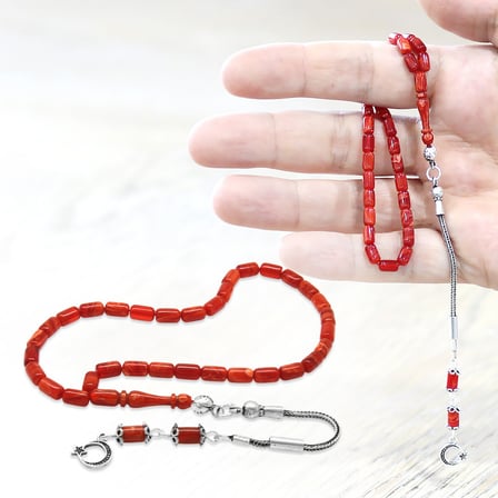 Ateş Kehribar Tesbih -  925 Ayar Gümüş Püsküllü - Mini Boy - Turuncu Kırmızı Renk - Kapsül Kesim