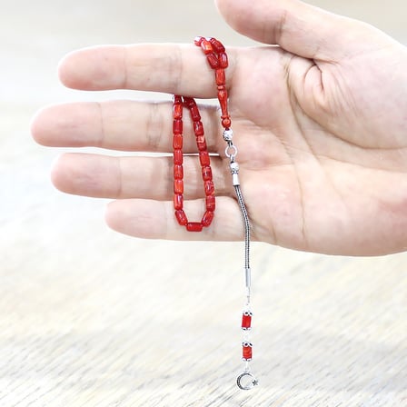 Ateş Kehribar Tesbih -  925 Ayar Gümüş Püsküllü - Mini Boy - Turuncu Kırmızı Renk - Kapsül Kesim