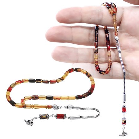 Ateş Kehribar Tesbih -  925 Ayar Gümüş Püsküllü - Mini Boy - Bonibon Renk - Kapsül Kesim