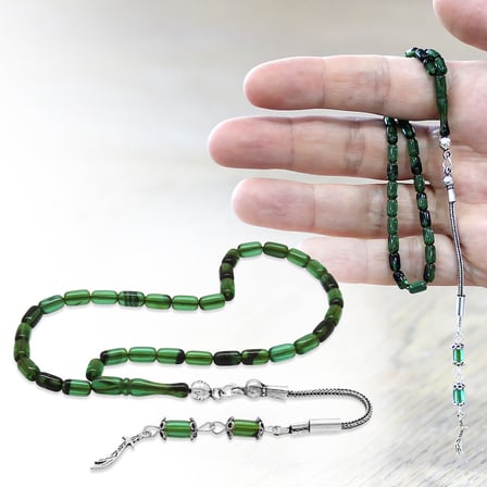 Ateş Kehribar Tesbih -  925 Ayar Gümüş Püsküllü - Mini Boy - Yeşil Siyah Renk - Kapsül Kesim