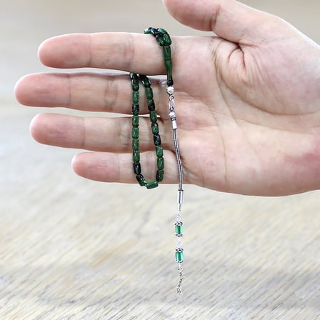 Ateş Kehribar Tesbih -  925 Ayar Gümüş Püsküllü - Mini Boy - Yeşil Siyah Renk - Kapsül Kesim