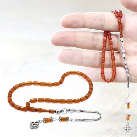 Ateş Kehribar Tesbih -  925 Ayar Gümüş Püsküllü - Mini Boy - Turuncu Renk - Kapsül Kesim