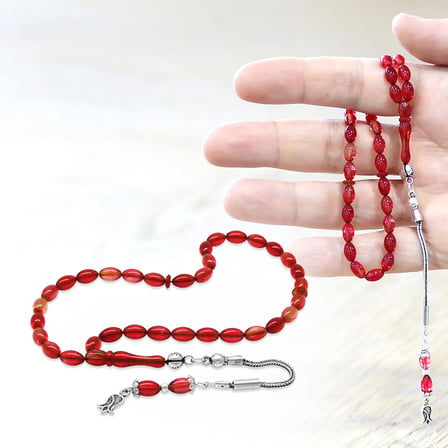 Ateş Kehribar Tesbih -  925 Ayar Gümüş Püsküllü - Mini Boy - Kırmızı Beyaz Renk - Arpa Kesim