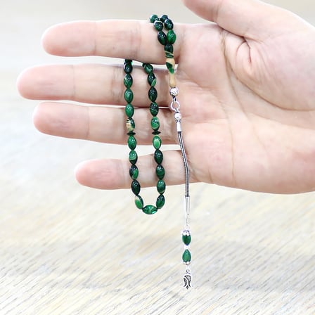 Ateş Kehribar Tesbih -  925 Ayar Gümüş Püsküllü - Mini Boy - Yeşil Beyaz Renk - Arpa Kesim