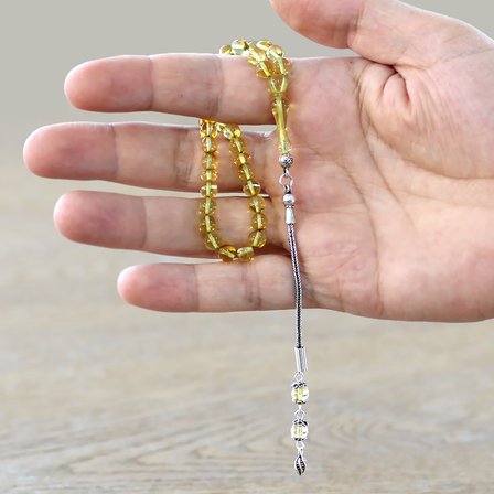 Damla Kehribar Tesbih - 925 Ayar Gümüş Püsküllü - Şeffaf Sarı Renk - Küre Kesim