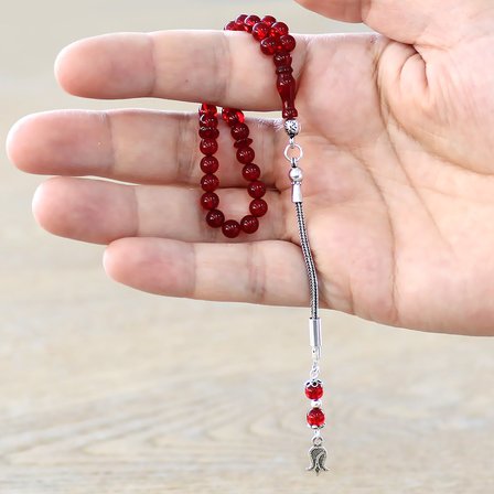 Damla Kehribar Tesbih - 925 Ayar Gümüş Püsküllü - Kırmızı Renk - Küre Kesim