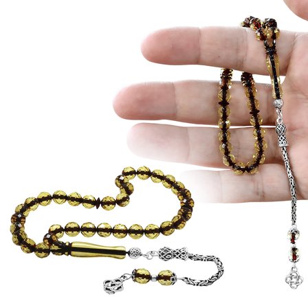Damla Kehribar Tesbih - 925 Ayar Gümüş Kral Zincir Püsküllü - Ihlamur Sarı - Fasetalı Küre Kesim