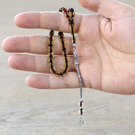 Damla Kehribar Tesbih - 925 Ayar Gümüş Kral Zincir Püsküllü - Ihlamur Sarı - Fasetalı Küre Kesim