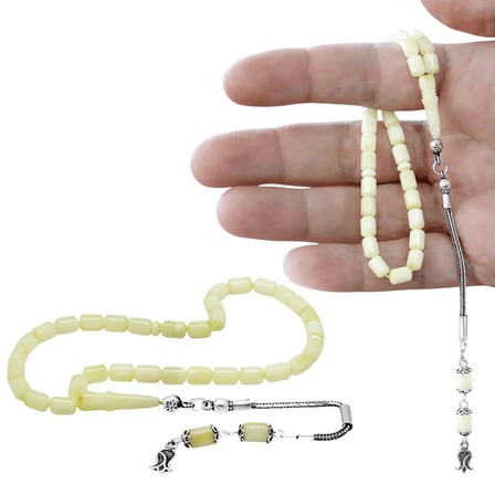 Damla Kehribar Tesbih - 925 Ayar Gümüş Püsküllü - Sarı Beyaz Renk - Kapsül Kesim