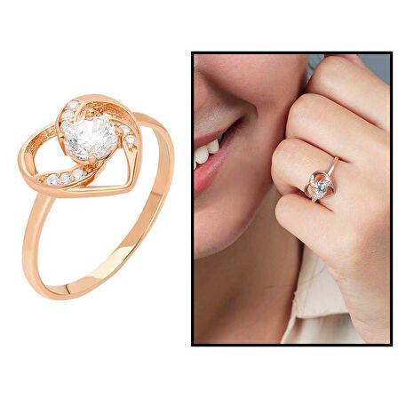 Zirkon Tektaşlı Kalp Tasarım Rose Renk 925 Ayar Gümüş Kadın Yüzük
