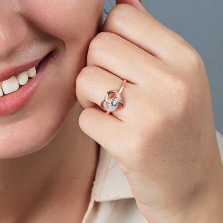 Zirkon Tektaşlı Kalp Tasarım Rose Renk 925 Ayar Gümüş Kadın Yüzük