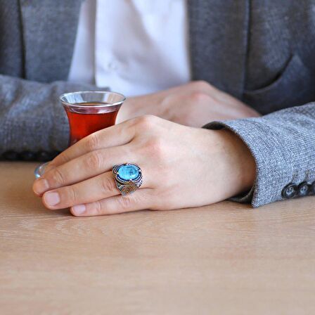 Aqua Paraiba Taşlı Kenarları Kalem İşçilik Detaylı 925 Ayar Gümüş Erkek Yüzük