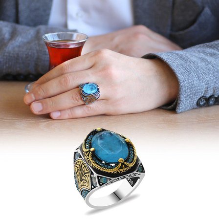 Aqua Paraiba Taşlı Kenarları Kalem İşçilik Detaylı 925 Ayar Gümüş Erkek Yüzük