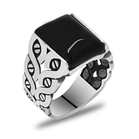 Oval Siyah Oniks Taşlı Sarmaşık Tasarım 925 Ayar Gümüş Erkek Yüzük