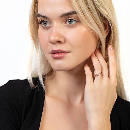 Zirkon Taşlı Zincir Tasarım Rose Renk Free Size 925 Ayar Gümüş Kadın Tektaş Yüzük