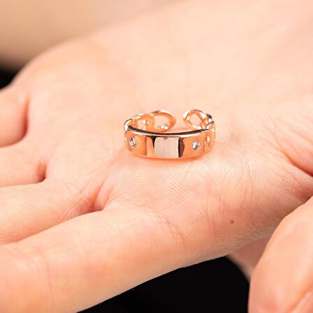 Zirkon Taşlı Zincir Tasarım Rose Renk Free Size Kişiye Özel İsim/Harf Yazılı 925 Ayar Gümüş Kadın Yüzük