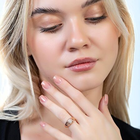 Zirkon Taşlı Dikdörtgen Detaylı Rose Renk Free Size 925 Ayar Gümüş Kadın Yüzük