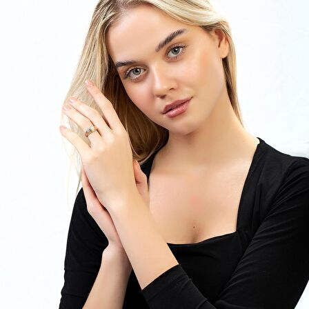 Zirkon Taşlı Dikdörtgen Detaylı Rose Renk Free Size 925 Ayar Gümüş Kadın Yüzük