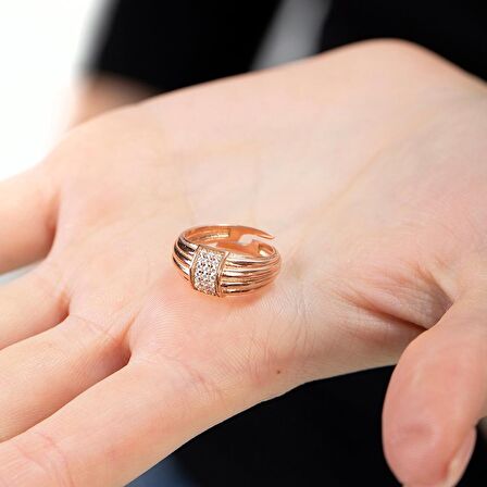 Zirkon Taşlı Dikdörtgen Detaylı Rose Renk Free Size 925 Ayar Gümüş Kadın Yüzük