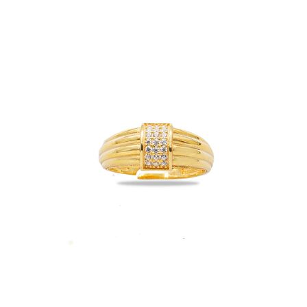 Zirkon Taşlı Dikdörtgen Detaylı Gold Renk Free Size 925 Ayar Gümüş Kadın Yüzük