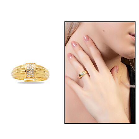 Zirkon Taşlı Dikdörtgen Detaylı Gold Renk Free Size 925 Ayar Gümüş Kadın Yüzük