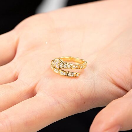 Zirkon Taşlı Snake Tasarım Gold Renk Free Size 925 Ayar Gümüş Kadın Yüzük