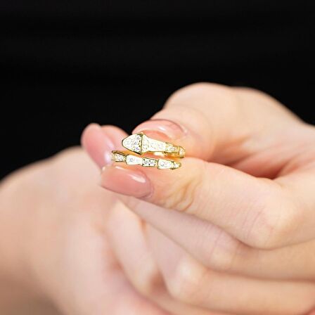 Zirkon Taşlı Snake Tasarım Gold Renk Free Size 925 Ayar Gümüş Kadın Yüzük