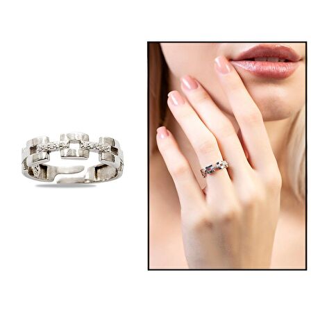 Zirkon Taşlı Kare Zincir Tasarım Silver Renk Free Size 925 Ayar Gümüş Kadın Yüzük