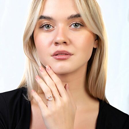 Beyaz Zirkon Taşlı Kalp Tasarım Rose Renk Free Size 925 Ayar Gümüş Kadın Yüzük