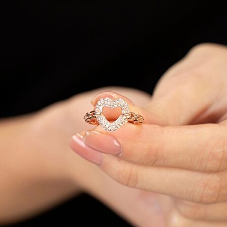 Beyaz Zirkon Taşlı Kalp Tasarım Rose Renk Free Size 925 Ayar Gümüş Kadın Yüzük